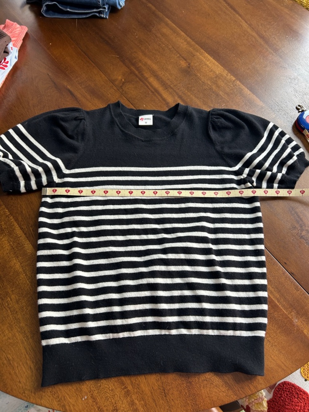 Striped Black and White Short-Sleeve Women’s Crewneck Summer Sweater